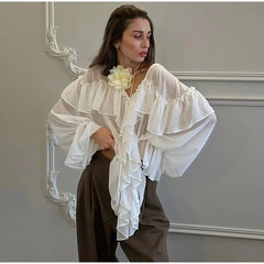 Loose White Ruffle Shirt Chiffon See-Through Top