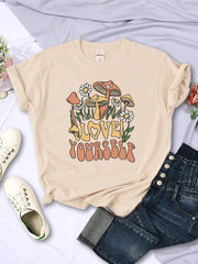 Mushroom Love Yourself Cute Printed T-Shirt