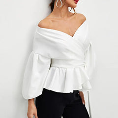 Off-Shoulder Lace-Up Lantern Sleeve Blouse
