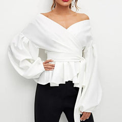 Off-Shoulder Lace-Up Lantern Sleeve Blouse