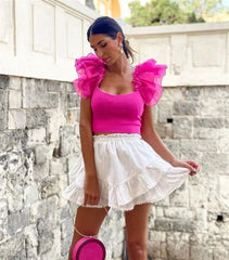 Organza Pink Puff Ruffle Sleeve Back Bow Camis