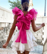 Organza Pink Puff Ruffle Sleeve Back Bow Camis