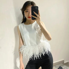 Patchwork Feathers Sleeveless Slim Tops