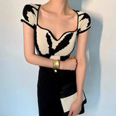 Patchwork Knit Short Sleeve Tops