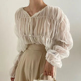 Pleated Chiffon See-through Blouses