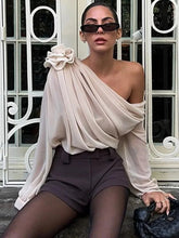 Pleated See-Through 3D Rose Blouse Top
