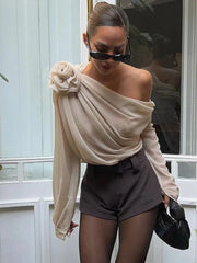 Pleated See-Through 3D Rose Blouse Top