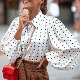 Polka Dot Button-Up Blouse with Lantern Sleeves