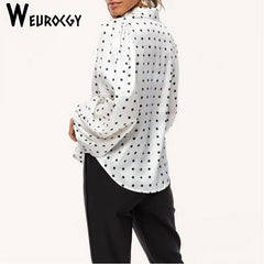 Polka Dot Button-Up Blouse with Lantern Sleeves