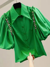 Puff Sleeve Diamond Inlaid Chain Decoration Irregular Shirt