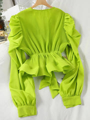 Puff Sleeve Strap Waist Closed Bow Blouses