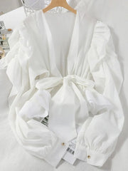 Puff Sleeve Strap Waist Closed Bow Blouses