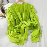 Puff Sleeve Strap Waist Closed Bow Blouses