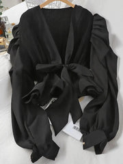Puff Sleeve Strap Waist Closed Bow Blouses