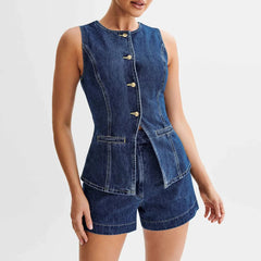 Round Neck Sleeveless Denim Tops