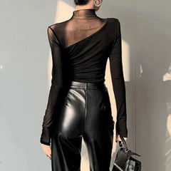 See-Through Mesh Turtleneck Slim Fit Top