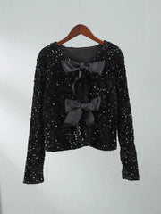 Sequins Bowknot Lace Up Cropped Glitter Cardigan