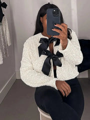 Sequins Bowknot Lace Up Cropped Glitter Cardigan