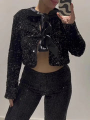 Sequins Bowknot Lace Up Cropped Glitter Cardigan