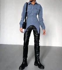 Slim Blue Bodycon Chic Pockets Shirts Tops