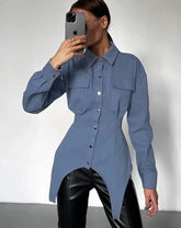 Slim Blue Bodycon Chic Pockets Shirts Tops
