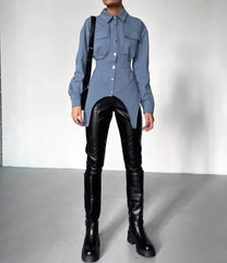 Slim Blue Bodycon Chic Pockets Shirts Tops