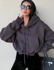 Solid Fleece Hooded Clothing Long Sleeve Tops Loose Pocket Sweatshirt Female Casual Pullover