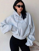 Solid Fleece Hooded Clothing Long Sleeve Tops Loose Pocket Sweatshirt Female Casual Pullover