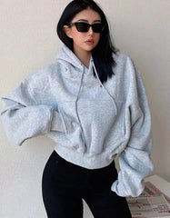 Solid Fleece Hooded Clothing Long Sleeve Tops Loose Pocket Sweatshirt Female Casual Pullover