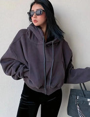 Solid Fleece Hooded Clothing Long Sleeve Tops Loose Pocket Sweatshirt Female Casual Pullover