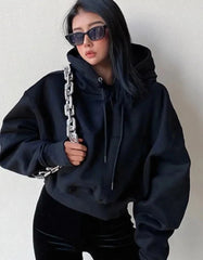 Solid Fleece Hooded Clothing Long Sleeve Tops Loose Pocket Sweatshirt Female Casual Pullover