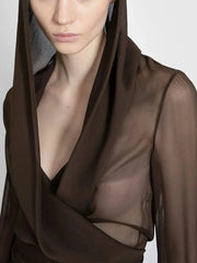Solid See-through Slim Hooded Blouse