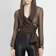 Solid See-through Slim Hooded Blouse