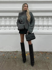 Solid Slash Neck Sweater Loose Knitwear
