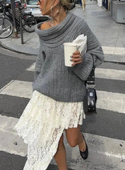 Solid Slash Neck Sweater Loose Knitwear
