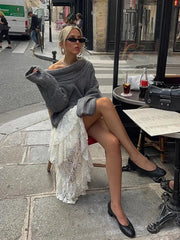Solid Slash Neck Sweater Loose Knitwear