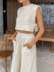 Spring Summer Linen Pant Set Crop Tops Outfits