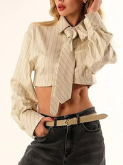 Striped Tie Crop Blouse with Turn-down Collar