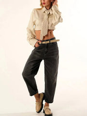 Striped Tie Crop Blouse with Turn-down Collar