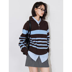 Striped Zipper Polo Sweates