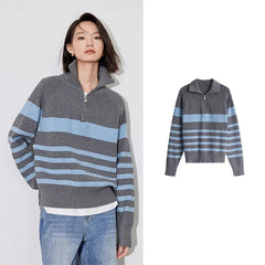 Striped Zipper Polo Sweates