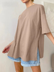Summer Oversized Cotton Solid Split Basic Tshirt