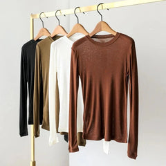Thin O-Neck Solid Wool Long Sleeve T Shirt