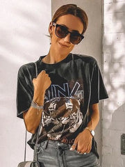 Tiger Washed Black Cotton Vintage T-shirts