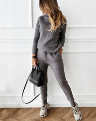 Tracksuit Turtleneck Sweater and Elastic Trousers Suits Knitted Two Piece Set