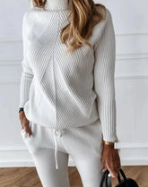 Tracksuit Turtleneck Sweater and Elastic Trousers Suits Knitted Two Piece Set