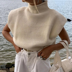 Turtleneck Sleeveless Vest Shoulder pads Pullover Knitted