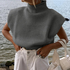 Turtleneck Sleeveless Vest Shoulder pads Pullover Knitted