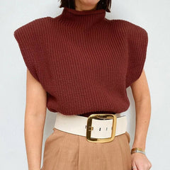 Turtleneck Sleeveless Vest Shoulder pads Pullover Knitted