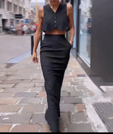 Two Piece Set Striped Printed Vest A-Line Skirt
